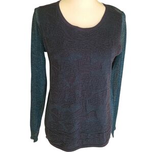 margaret o'leary textured long sheer sleeve black + blue metallic top size M